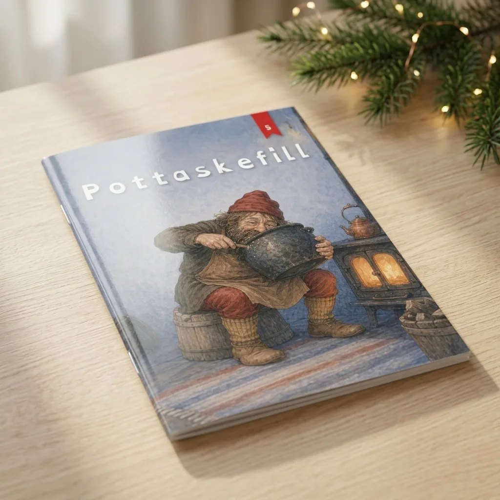 Pottaskefill, jólabók með nafni barnsins, heftuð A5 bók á borði