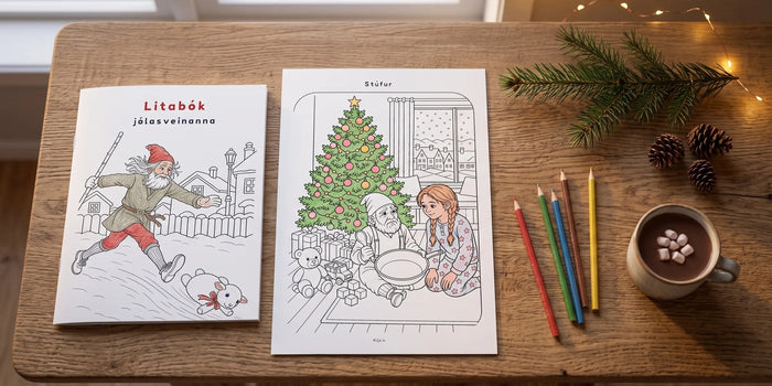 Litabók jólasveinanna og hálflituð ókeypis litamynd af Stúfi á borði, litir og heitt kakó