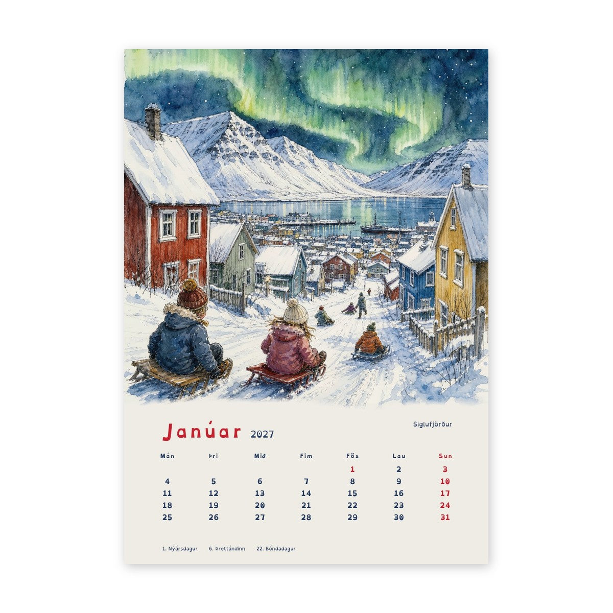 Árið á Íslandi, dagatal 2027, A5 spjöld: janúar