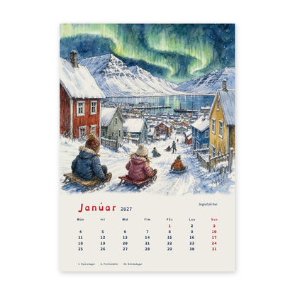 Árið á Íslandi, dagatal 2027, A5 spjöld: janúar