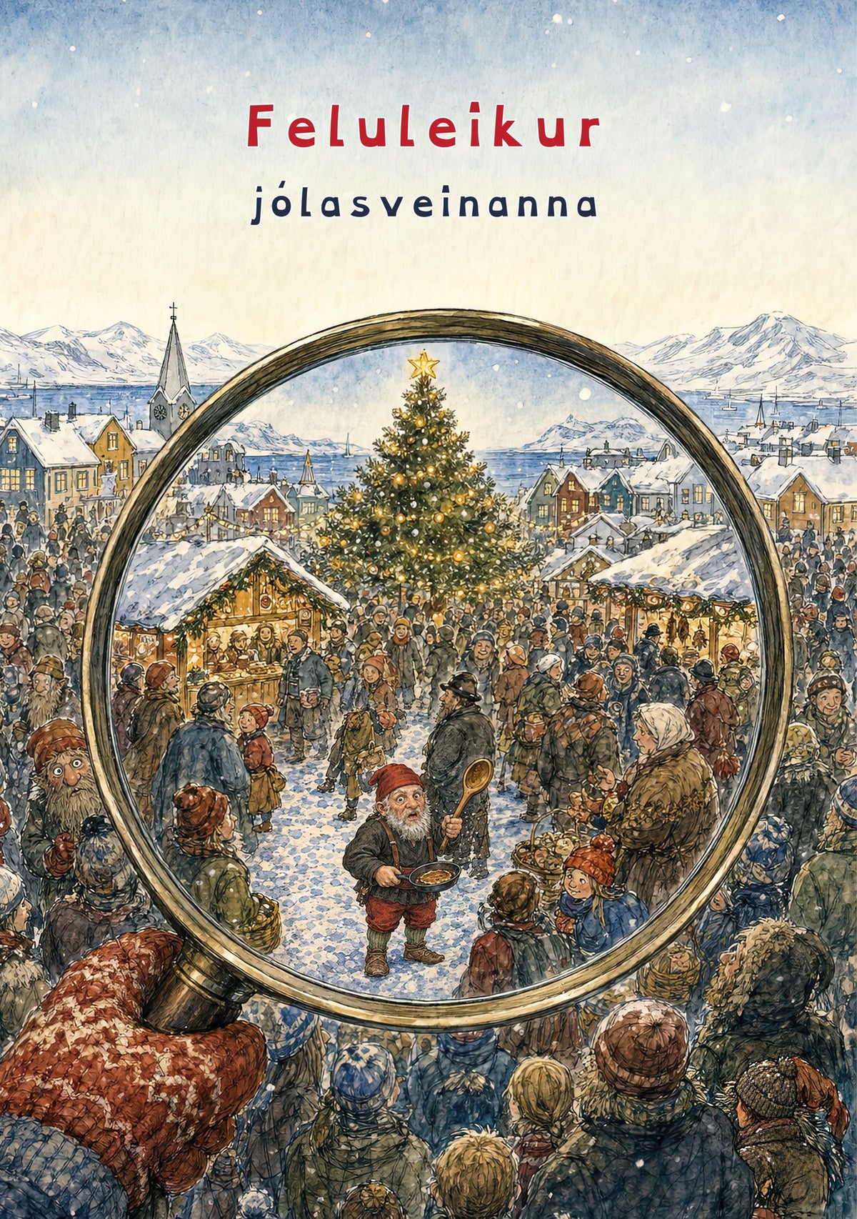 Feluleikur jólasveinanna, forsíða með stækkunargleri yfir jólamarkaði