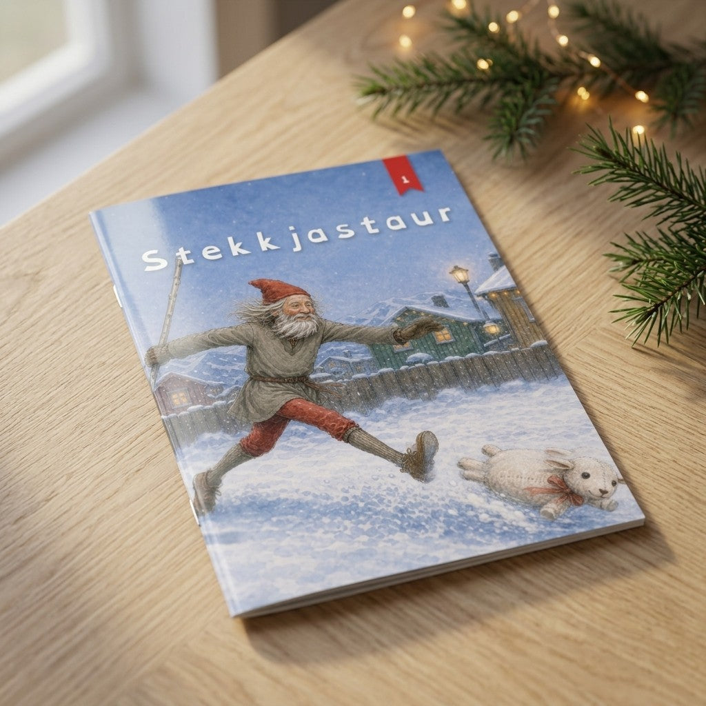 Stekkjastaur, jólabók með nafni barnsins, heftuð A5 bók á borði