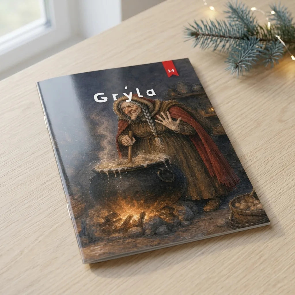 Grýla, jólabók með nafni barnsins, heftuð A5 bók á borði