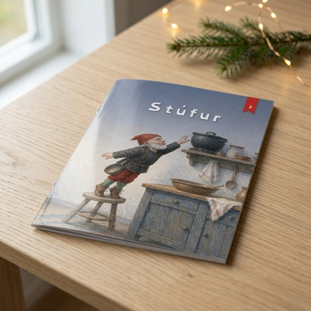 Stúfur, jólabók með nafni barnsins, heftuð A5 bók á borði