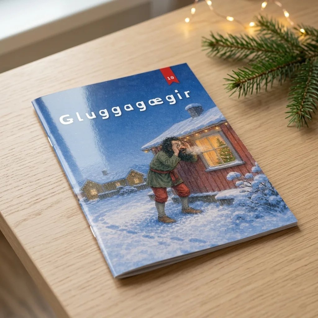 Gluggagægir, jólabók með nafni barnsins, heftuð A5 bók á borði