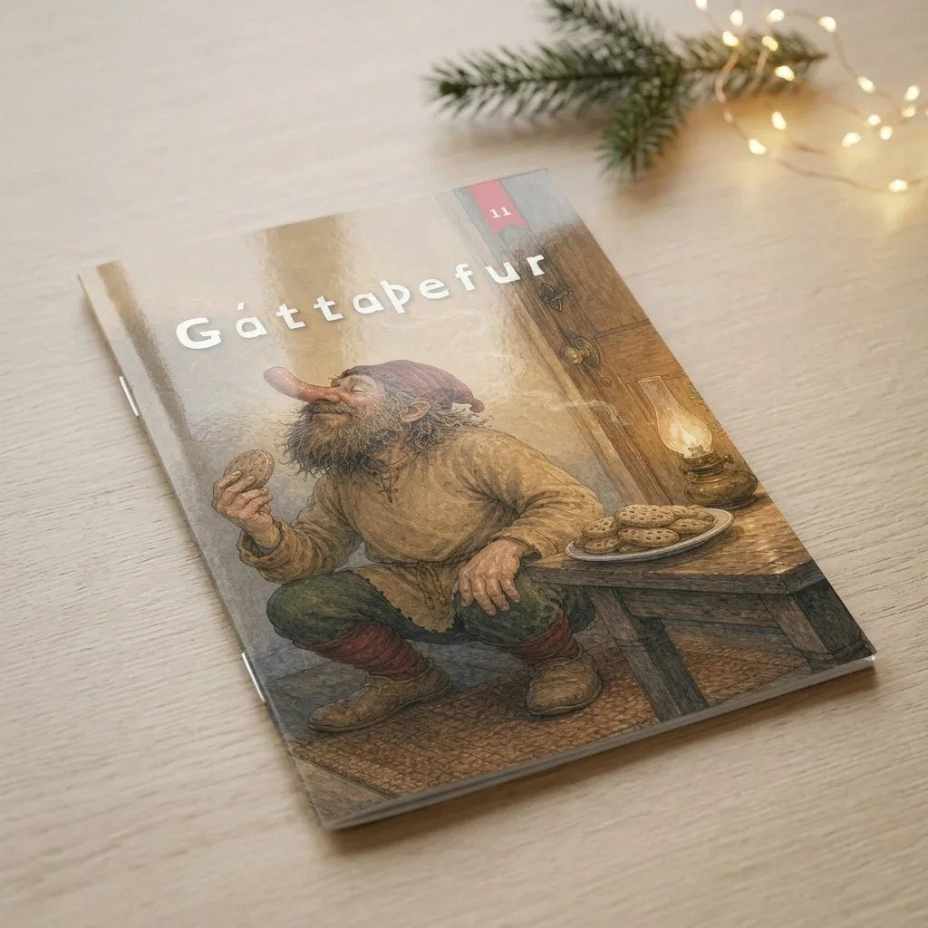 Gáttaþefur, jólabók með nafni barnsins, heftuð A5 bók á borði