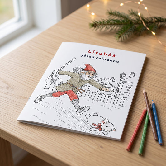 Litabók jólasveinanna, heftuð A4 litabók á borði með litum