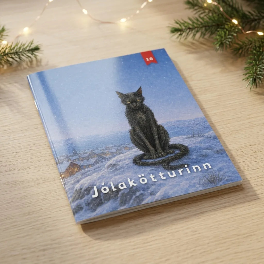 Jólakötturinn, jólabók með nafni barnsins, heftuð A5 bók á borði