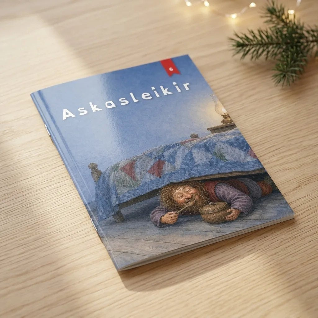 Askasleikir, jólabók með nafni barnsins, heftuð A5 bók á borði