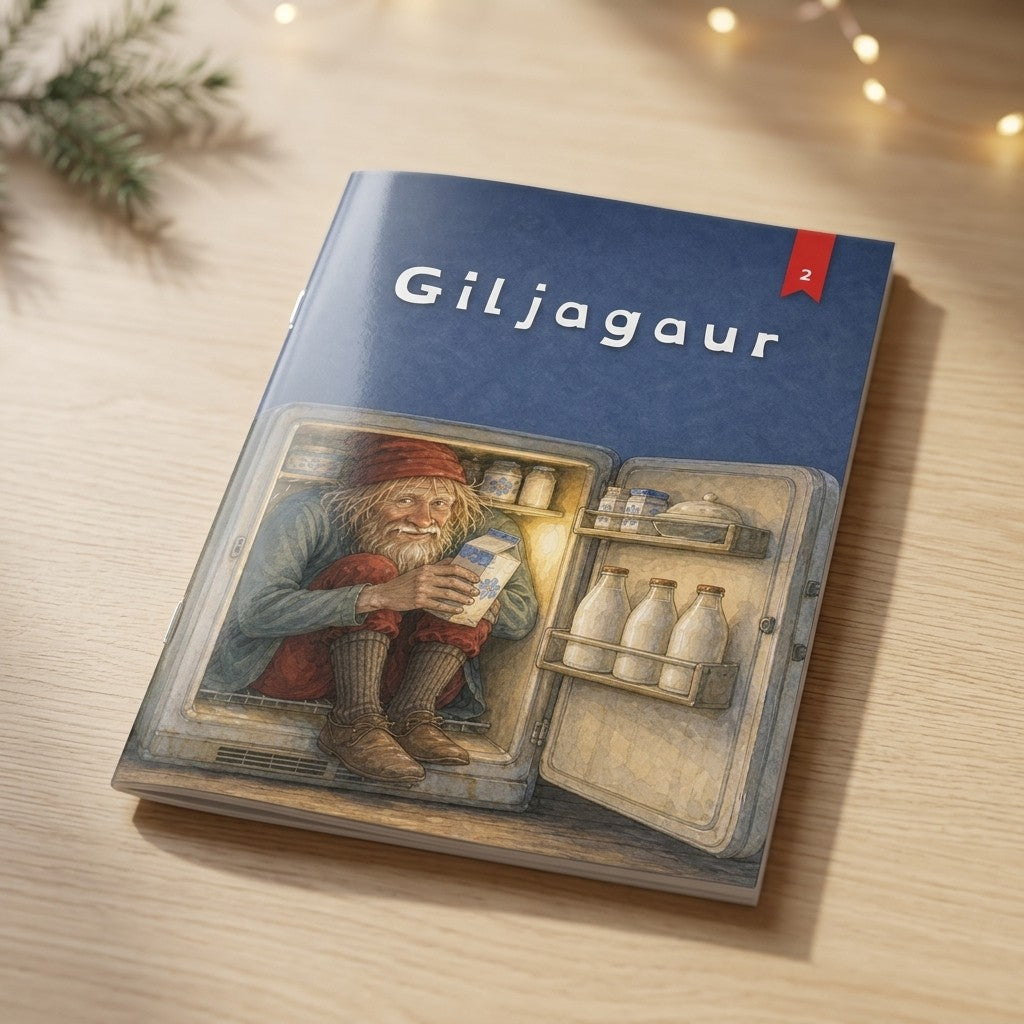 Giljagaur, jólabók með nafni barnsins, heftuð A5 bók á borði