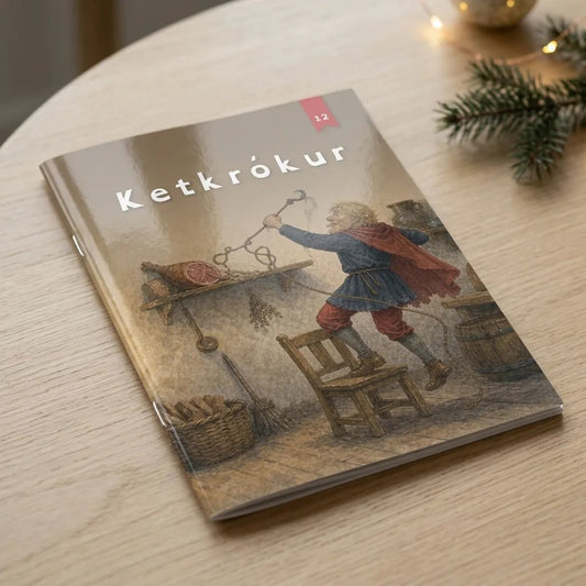 Ketkrókur, jólabók með nafni barnsins, heftuð A5 bók á borði