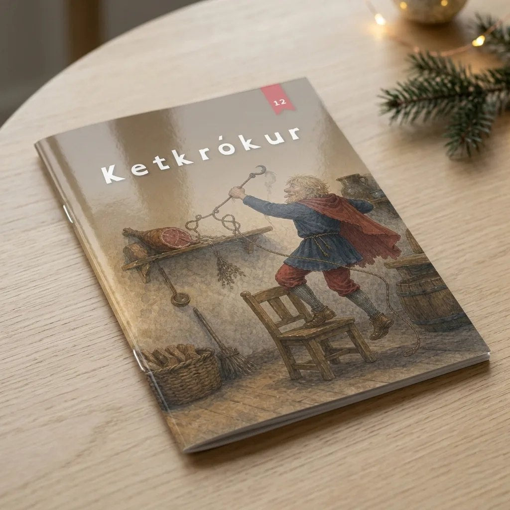 Ketkrókur, jólabók, heftuð A5 bók á borði