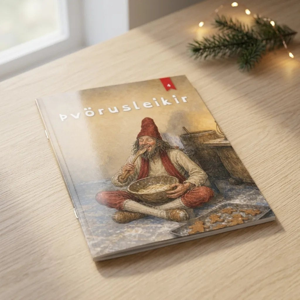 Þvörusleikir, jólabók með nafni barnsins, heftuð A5 bók á borði