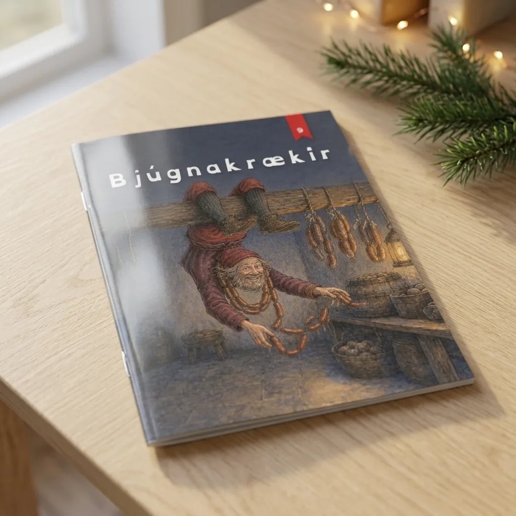 Bjúgnakrækir, jólabók, heftuð A5 bók á borði