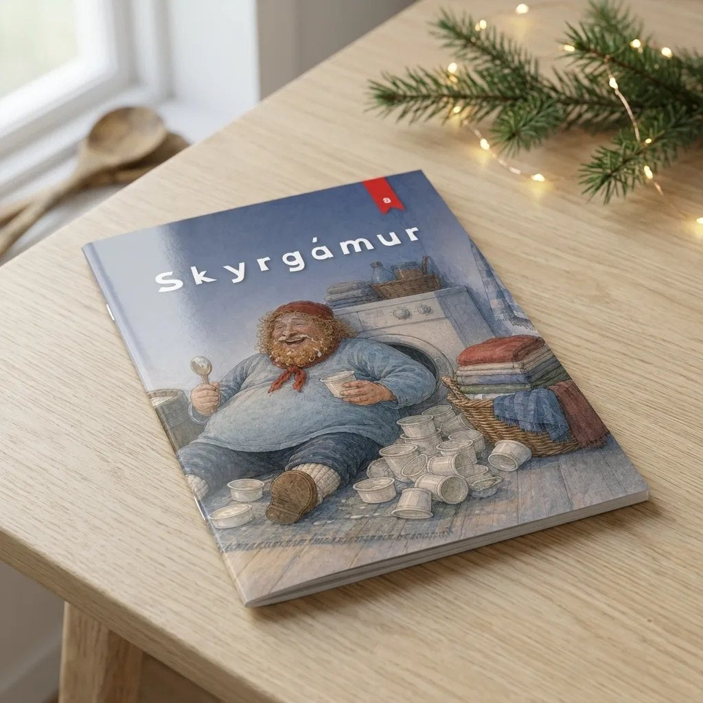 Skyrgámur, jólabók með nafni barnsins, heftuð A5 bók á borði