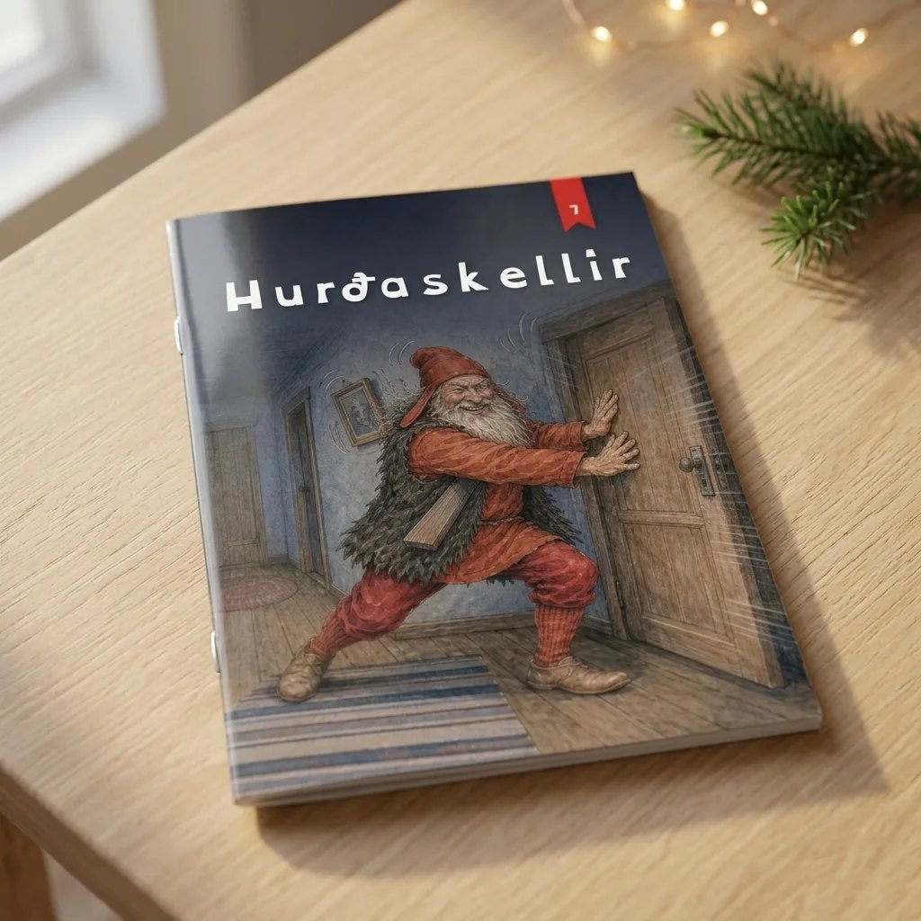 Hurðaskellir, jólabók með nafni barnsins, heftuð A5 bók á borði