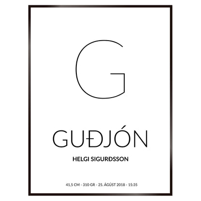 Plakat nr. 102 - Fæðingarplakat sem þú getur búið til. Persónulegt listaverk sem er framleitt á Íslandi.