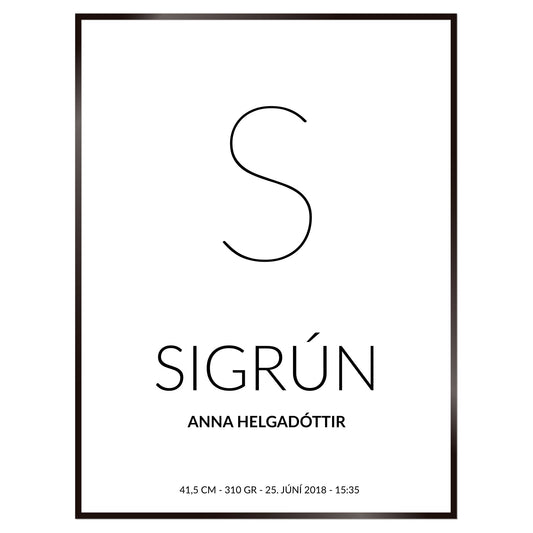 Plakat nr. 103 - Fæðingarplakat sem þú getur búið til. Persónulegt listaverk sem er framleitt á Íslandi.