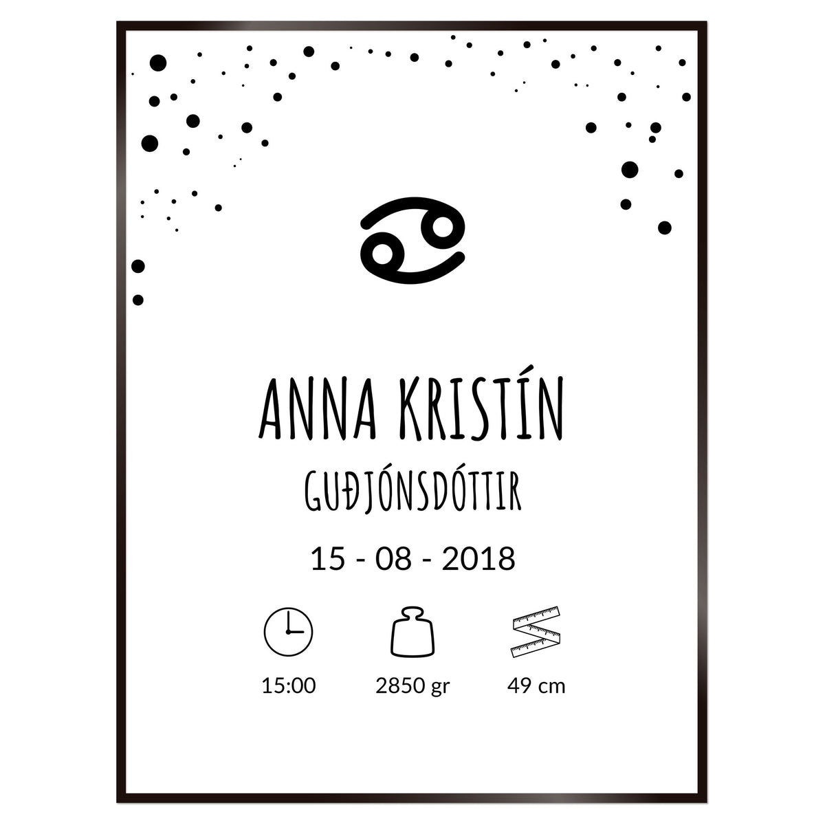 Plakat nr. 105 - Fæðingarplakat sem þú getur búið til. Persónulegt listaverk sem er framleitt á Íslandi.
