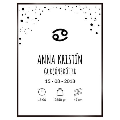 Plakat nr. 105 - Fæðingarplakat sem þú getur búið til. Persónulegt listaverk sem er framleitt á Íslandi.