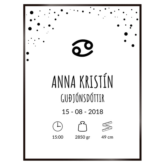 Plakat nr. 105 - Fæðingarplakat sem þú getur búið til. Persónulegt listaverk sem er framleitt á Íslandi.