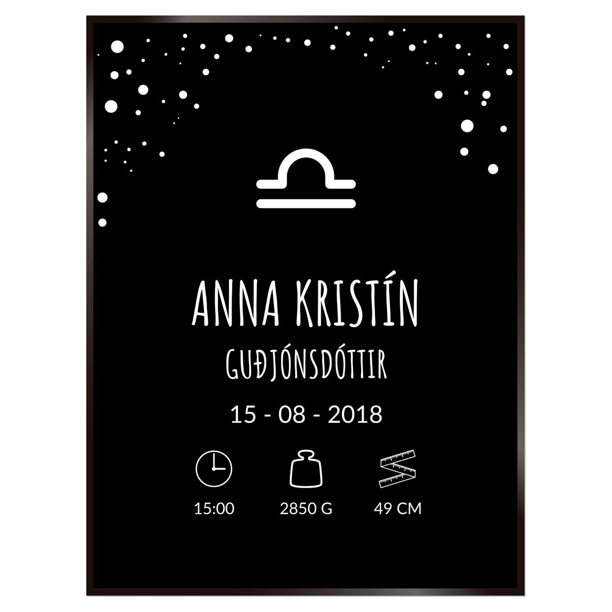 Plakat nr. 107 - Fæðingarplakat sem þú getur búið til. Persónulegt listaverk sem er framleitt á Íslandi.
