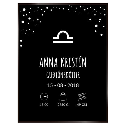 Plakat nr. 107 - Fæðingarplakat sem þú getur búið til. Persónulegt listaverk sem er framleitt á Íslandi.