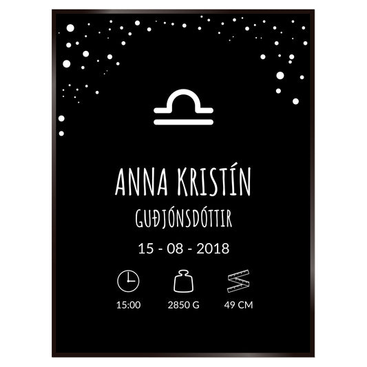 Plakat nr. 107 - Fæðingarplakat sem þú getur búið til. Persónulegt listaverk sem er framleitt á Íslandi.