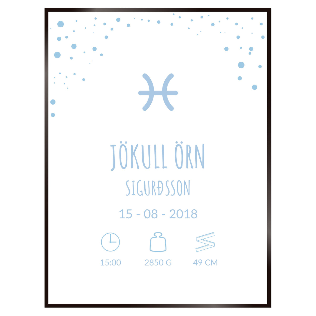 Plakat nr. 108 - Fæðingarplakat sem þú getur búið til. Persónulegt listaverk sem er framleitt á Íslandi.