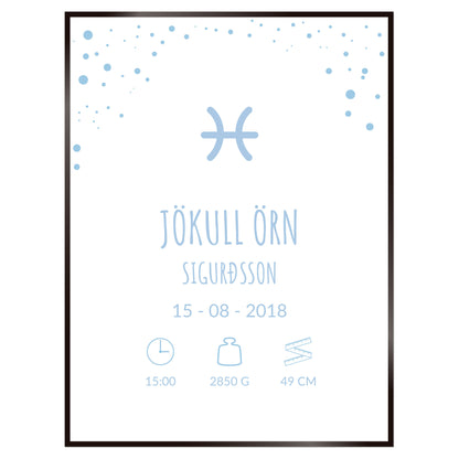 Plakat nr. 108 - Fæðingarplakat sem þú getur búið til. Persónulegt listaverk sem er framleitt á Íslandi.