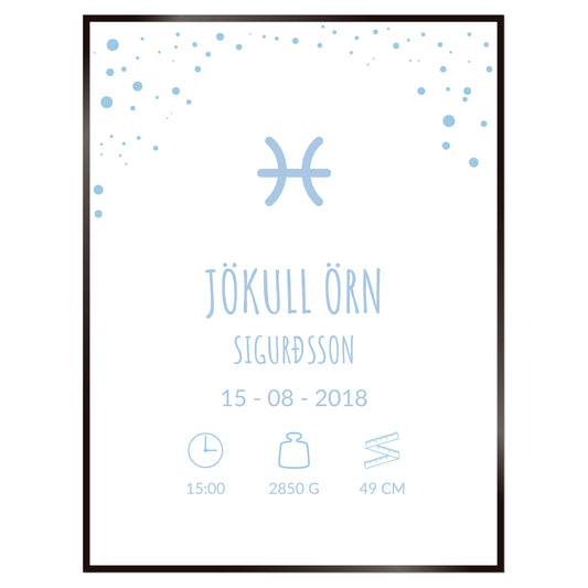 Plakat nr. 108 - Fæðingarplakat sem þú getur búið til. Persónulegt listaverk sem er framleitt á Íslandi.