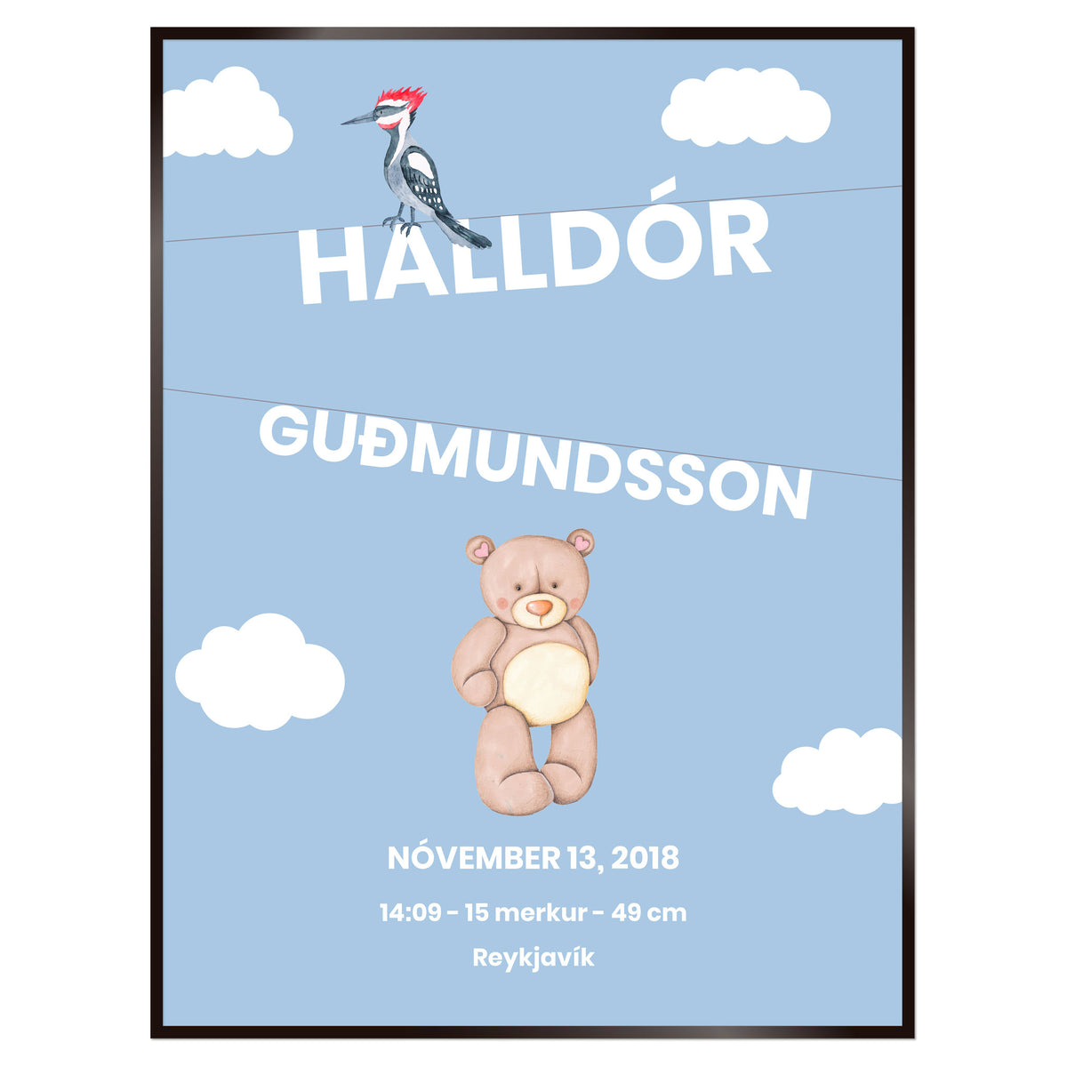 Plakat nr. 109 - Fæðingarplakat sem þú getur búið til. Persónulegt listaverk sem er framleitt á Íslandi.