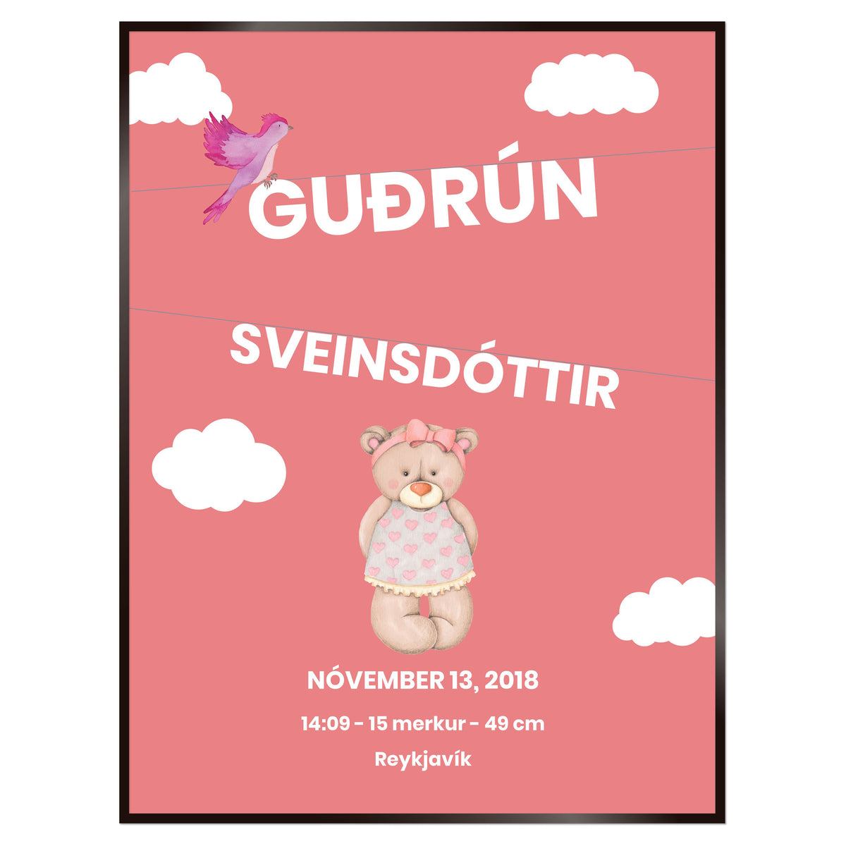 Plakat nr. 110 - Fæðingarplakat sem þú getur búið til. Persónulegt listaverk sem er framleitt á Íslandi.