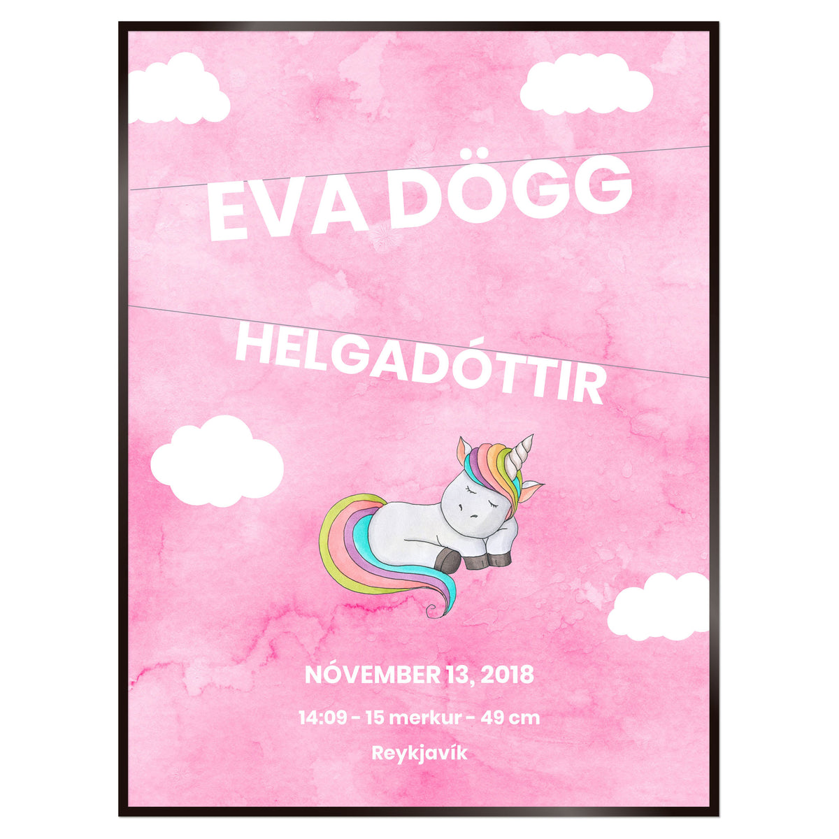 Plakat nr. 111 - Fæðingarplakat sem þú getur búið til. Persónulegt listaverk sem er framleitt á Íslandi.