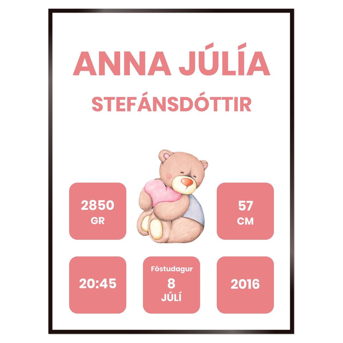 Plakat nr. 113 - Fæðingarplakat sem þú getur búið til. Persónulegt listaverk sem er framleitt á Íslandi.