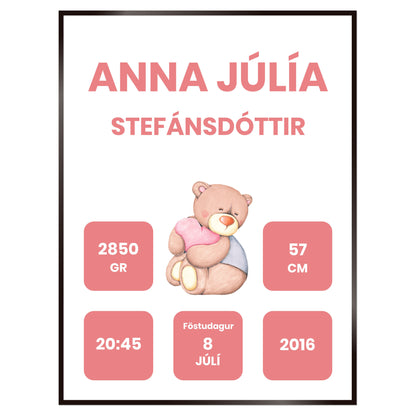 Plakat nr. 113 - Fæðingarplakat sem þú getur búið til. Persónulegt listaverk sem er framleitt á Íslandi.