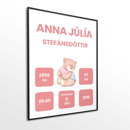 Veggspjald nr. 114 - Fallegt plakat fyrir heimilið. Þitt persónulega fæðingarplakat.